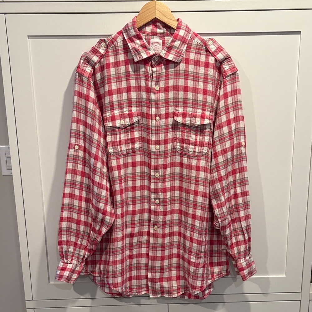 Brooks Brothers Linen Red and White Checkered Military Shirt Size XL - Picture 2 of 11